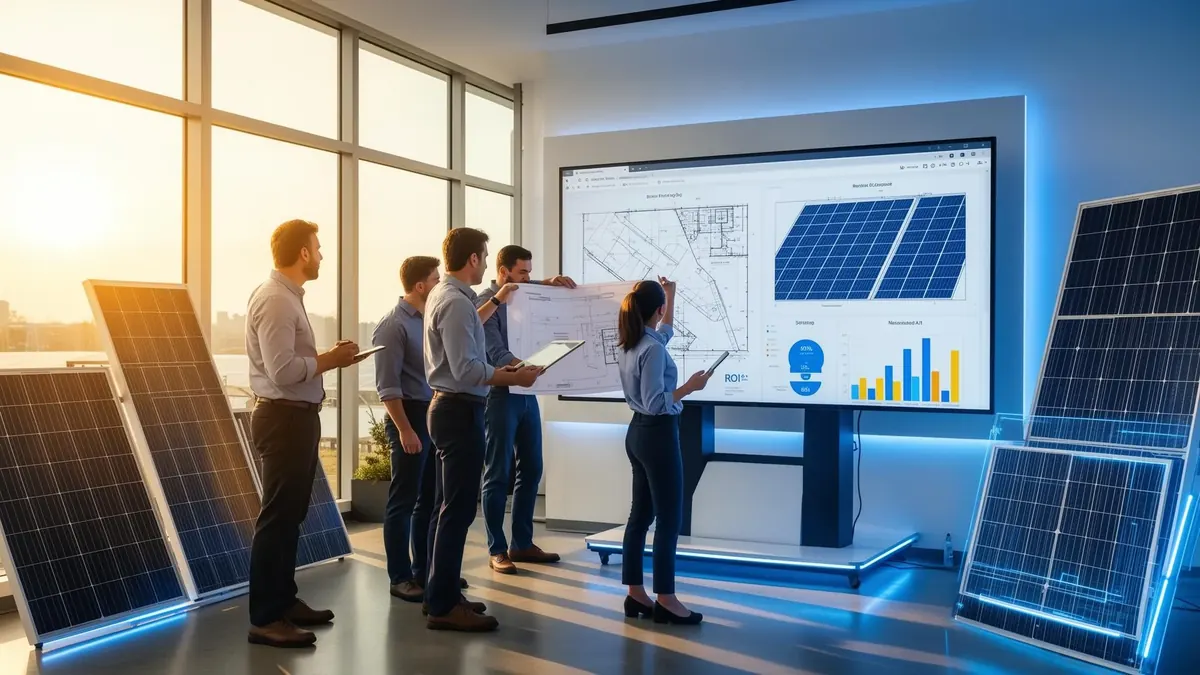 Solar company team reviewing AI-powered dashboards and installation plans