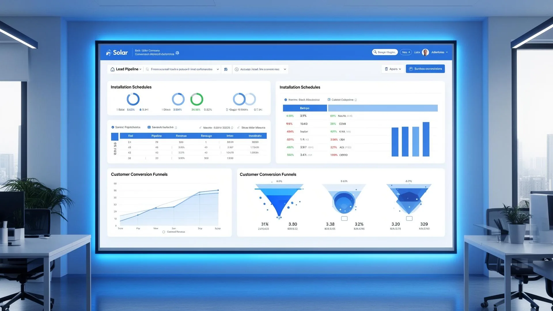 Solar company analytics dashboard showing lead pipeline and revenue metrics