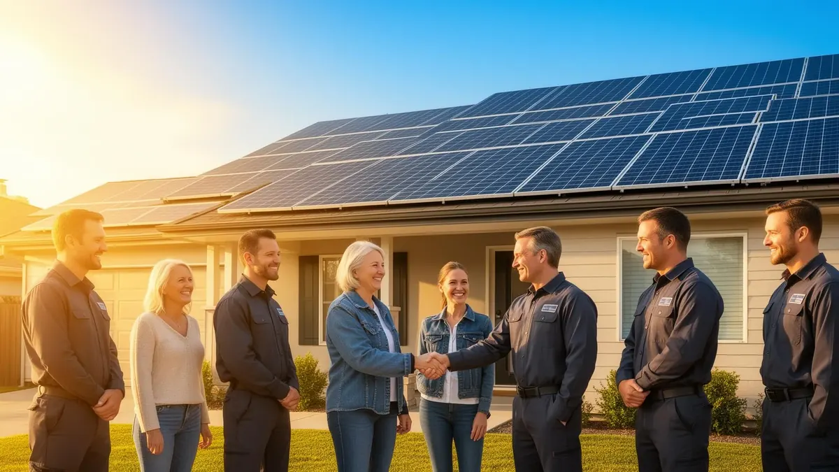 Happy homeowners with newly installed solar panels
